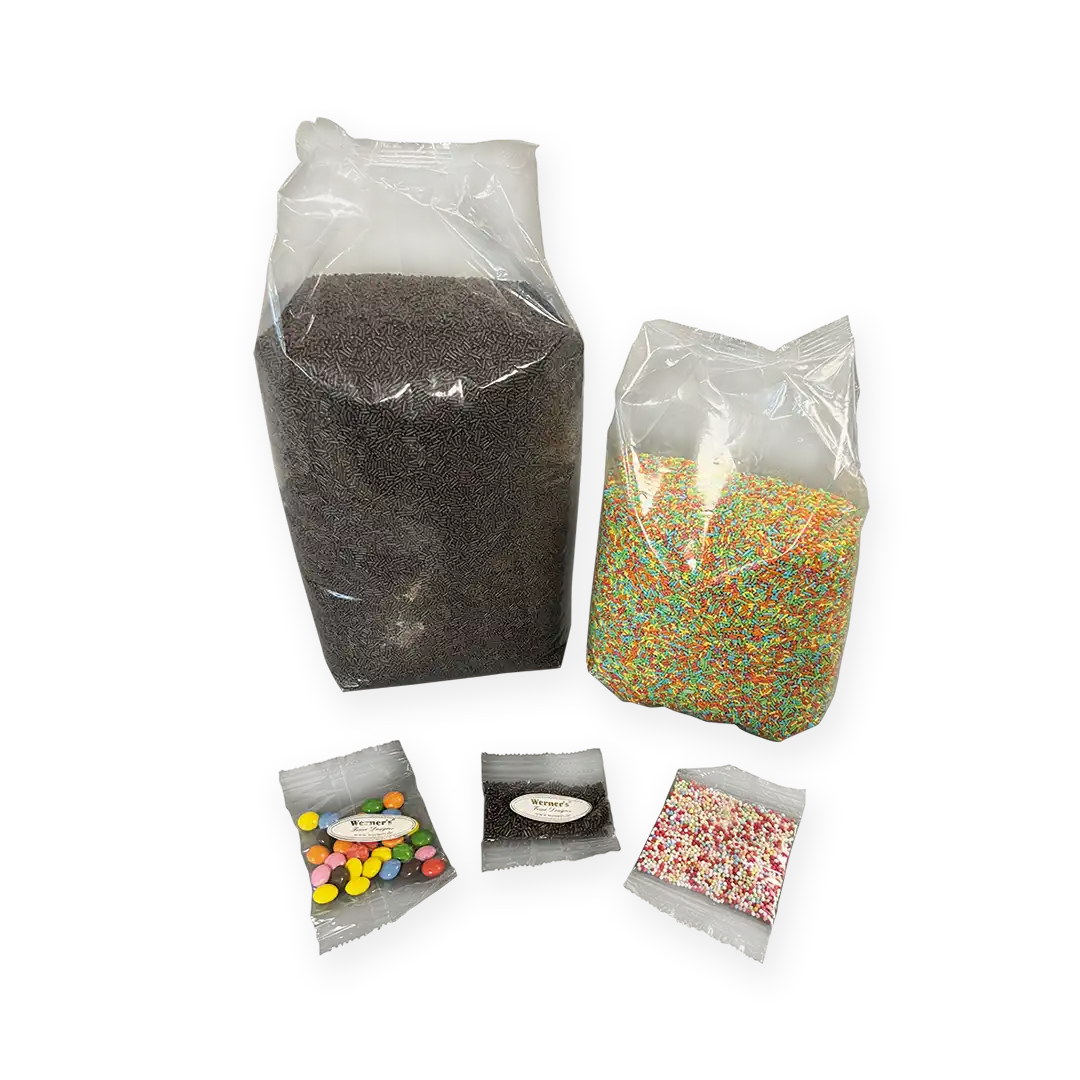 Flexible und platzsparende Verpackungslösungen – von kleinen Probiergrößen bis zu Großbeuteln. Geeignet für Streuartikel, Pralinen, Schokowaren oder Dekore. Wahlweise mit Etikettierung.