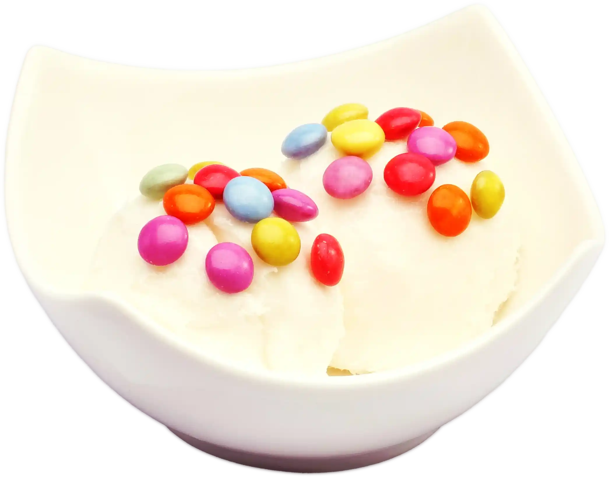 smarties Eine Schüssel Eiscreme, gefüllt mit Vanille-Eis, dekoriert mit verschiedenfarbigen Schokolinsen.